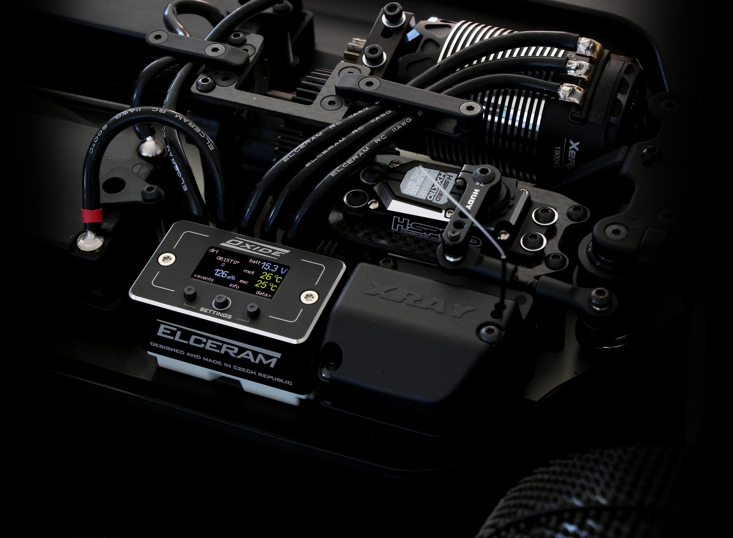 ELCERAM Oxide 1/8 ESC installed in an XRAY XB8 buggy